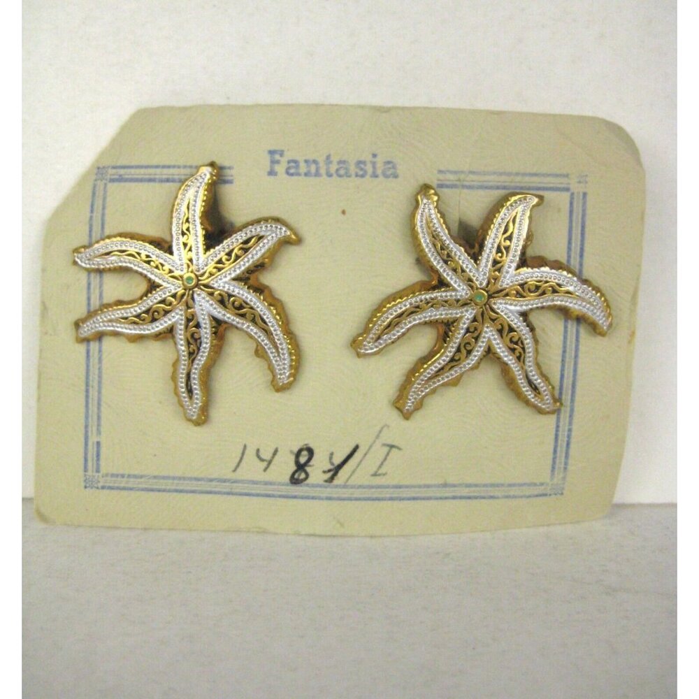 Starfish Earrings CLIP ON Goldtone Vintage 50s 60s Estate Fantasia Enamel